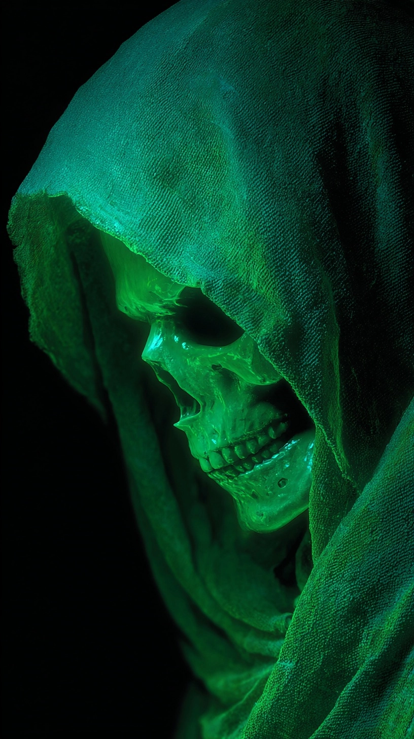 Skeletal figure in a green hooded cloak, close-up view