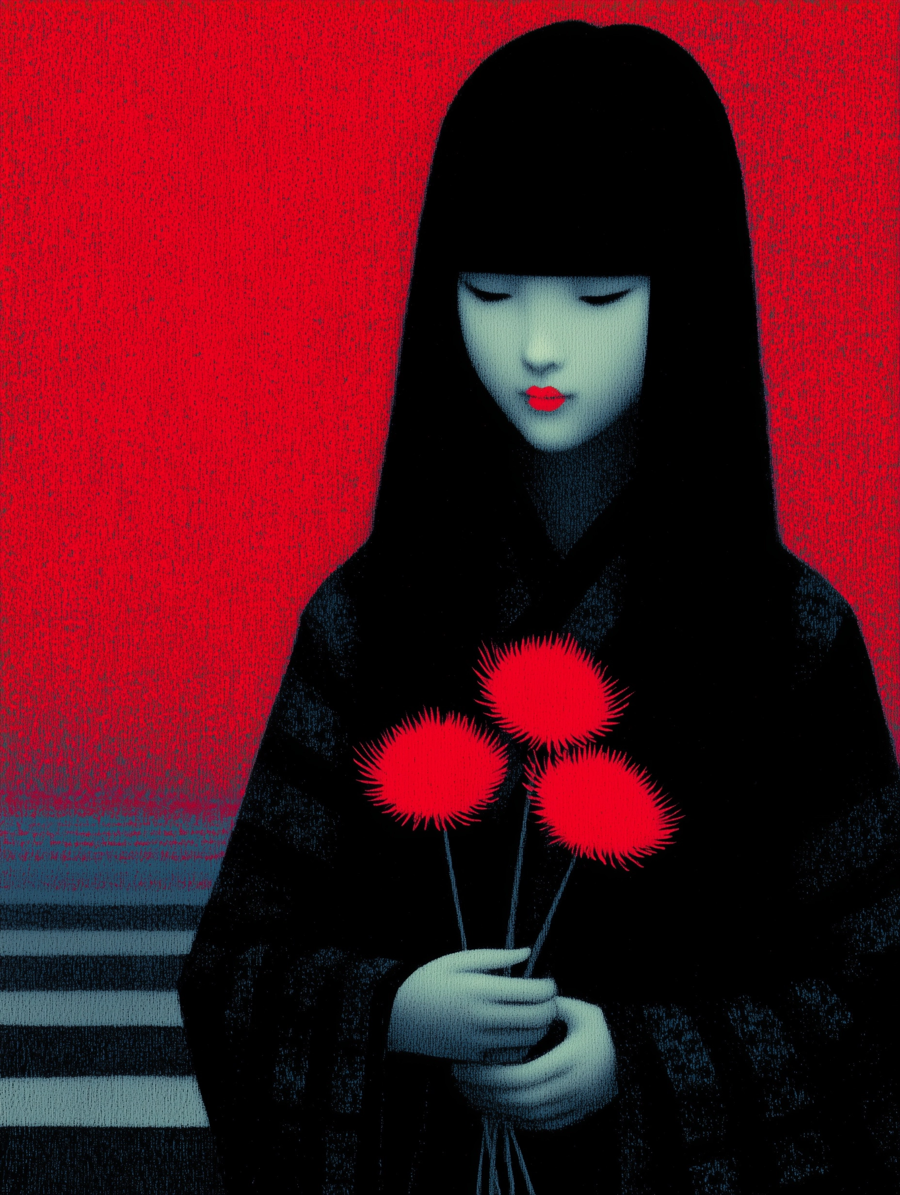 Flat Oil Painting Close-up of a Girl with Flowers