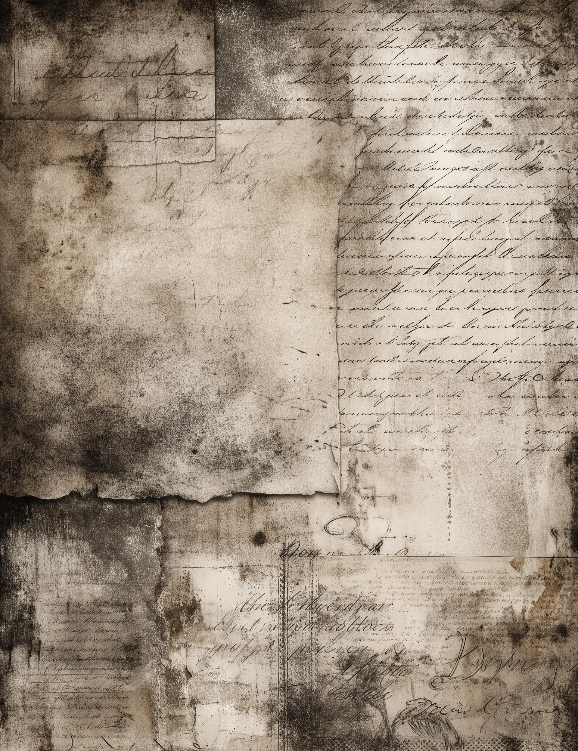 Mixed media vintage layered antique papers with light grunge, handwriting in the background