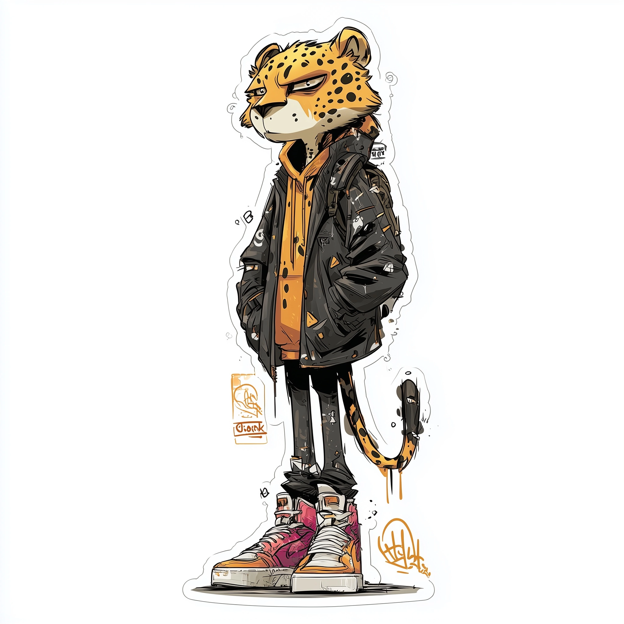 Cool anthropomorphic cheeta, character design, sticker, Full body shot, anime style, manga art