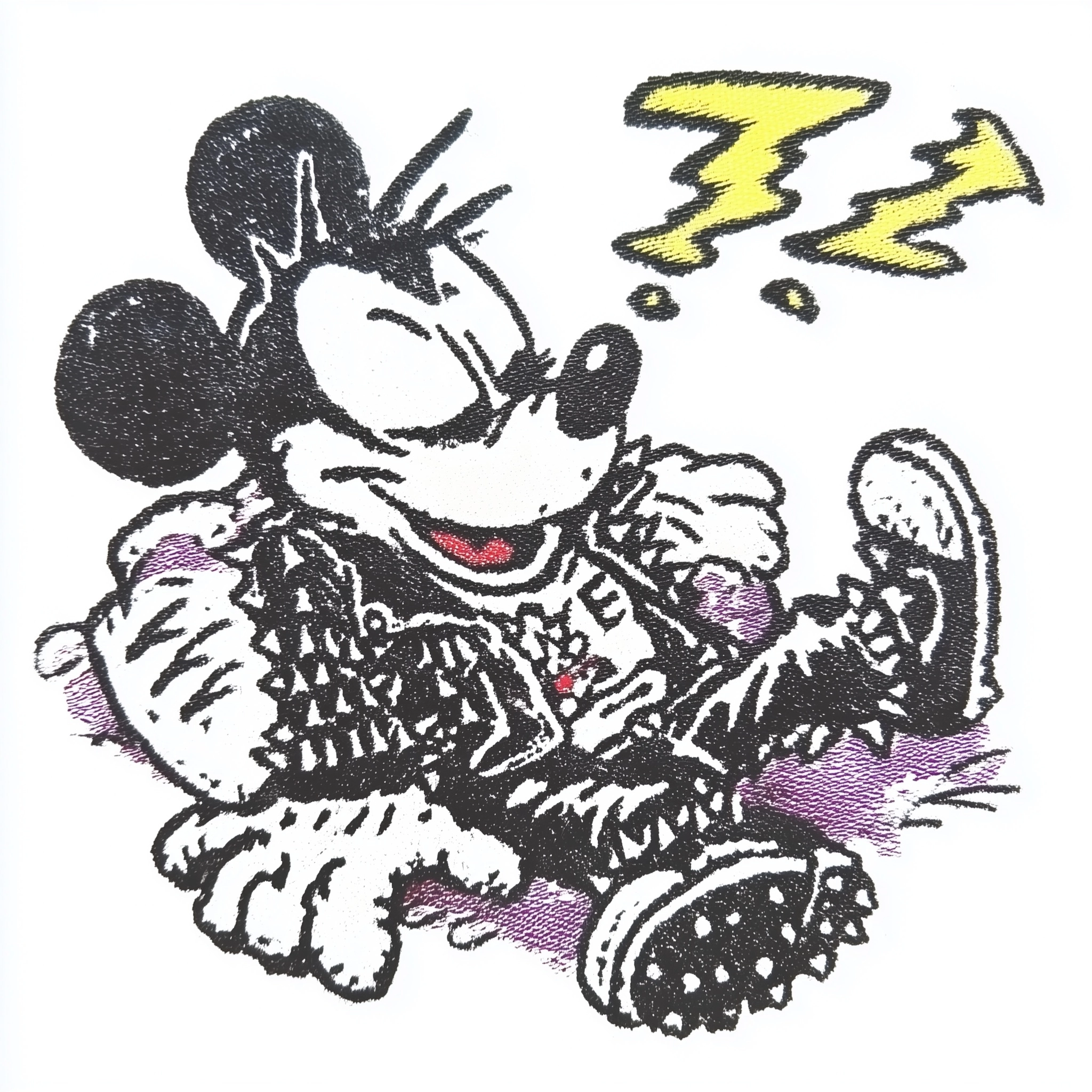 A very cute cartoon rat wearing a black studded leather jacket, lying down sleeping