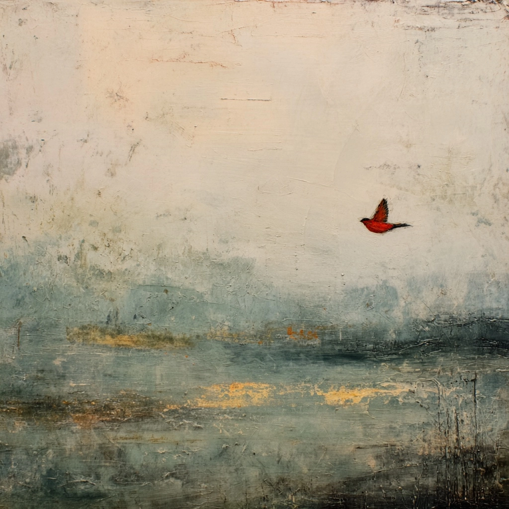 A streaky oil painting featuring muted colors with a red bird mid flight in the bottom right corner
