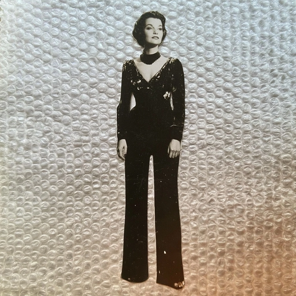 A woman wearing a full body suit but it is made of real velvet but its a cut out paper person collag