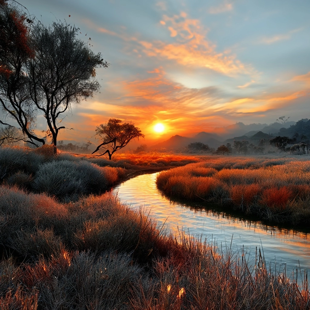 Imagine a photorealistic landscape at sunset