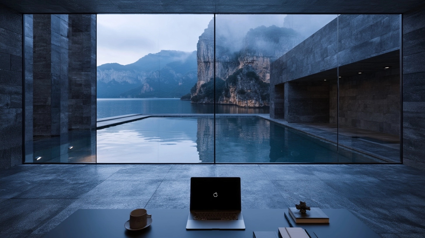 Luxury modern minimalist interior with a large infinity pool extending toward a dramatic rocky mount