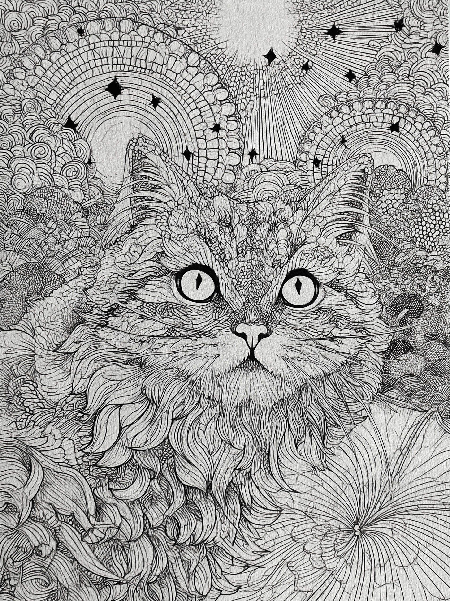 Coloring book page of cat, cute AND magic, black AND White, no shading