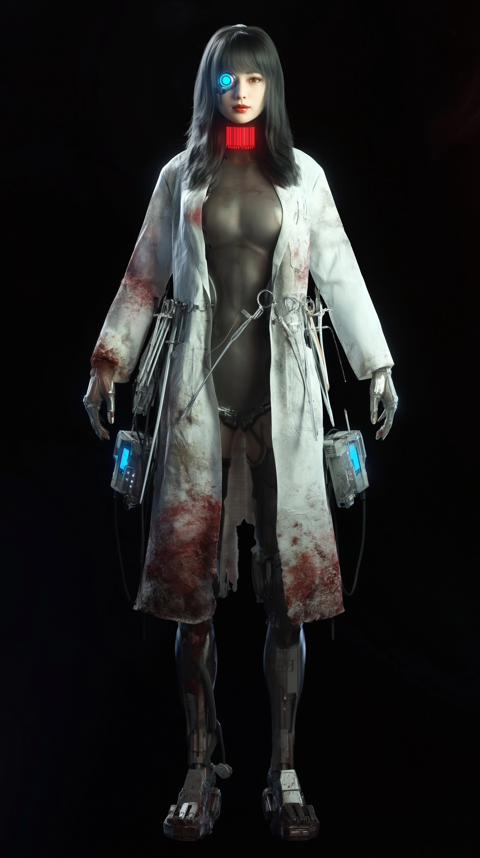 Cyberpunk Asian face female character portrait, front view, battle angel, half-human half-cyborg