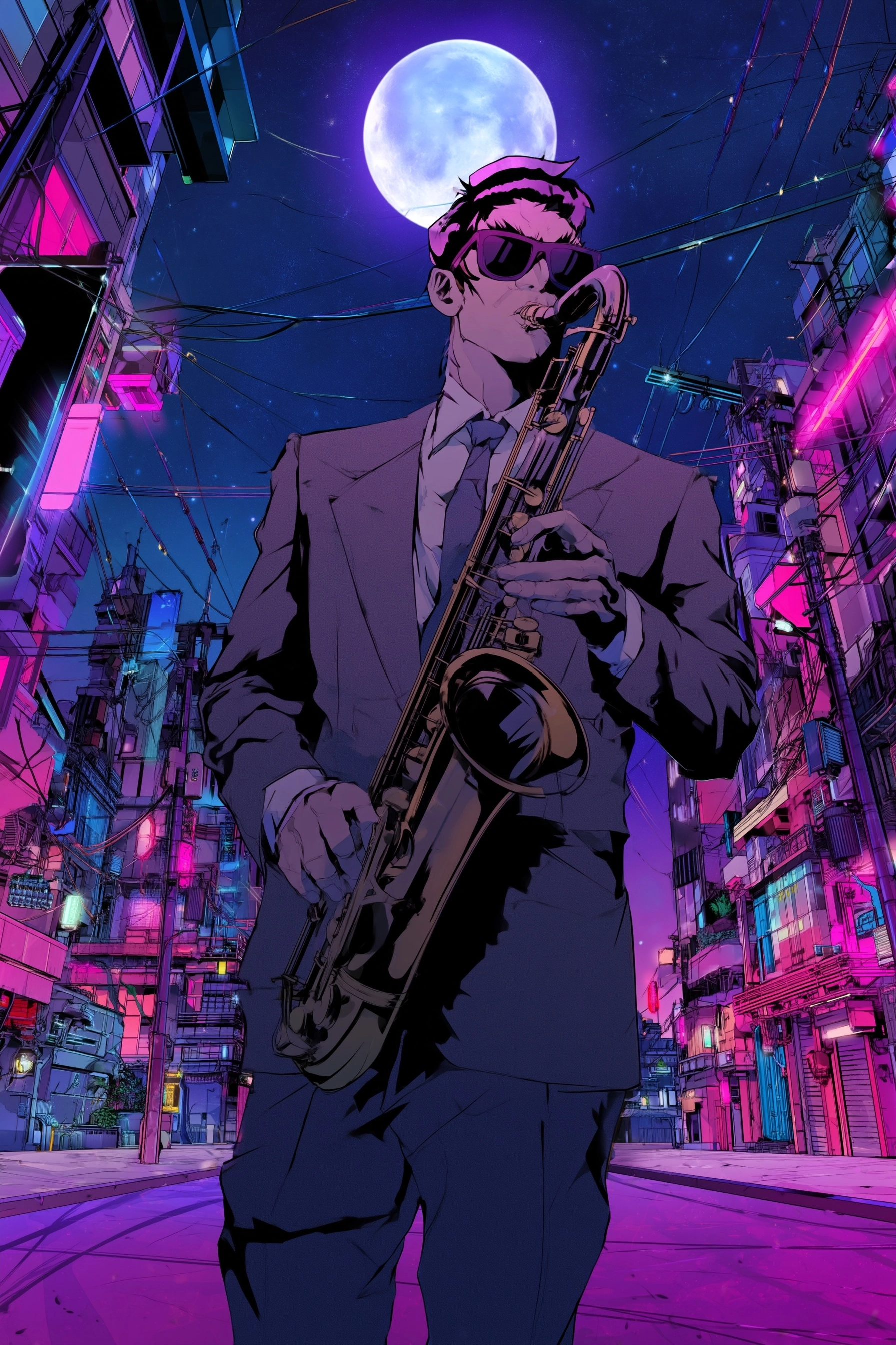 Jazz saxophone player, Bruce Lee hairstyle, formal wear, sunglasses