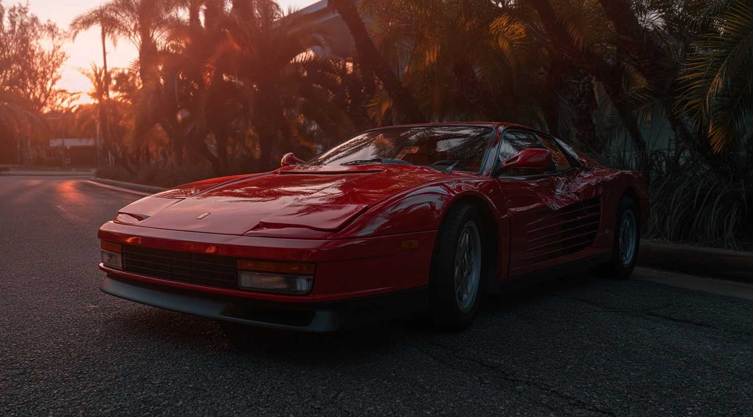 A red ferrari testarossa, with the hood's complicated cut and isometric body panels that have been c
