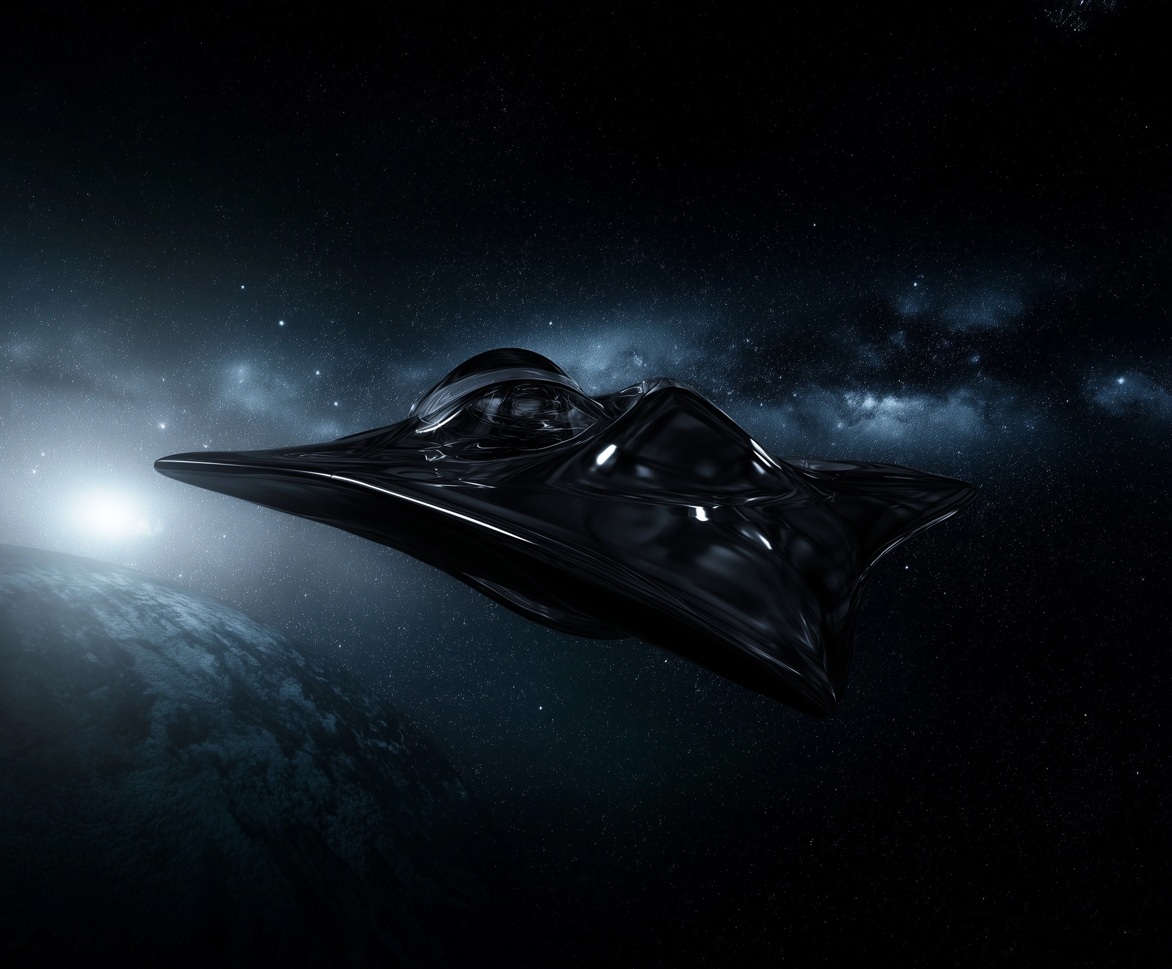 A shiny black alien spaceship in space
