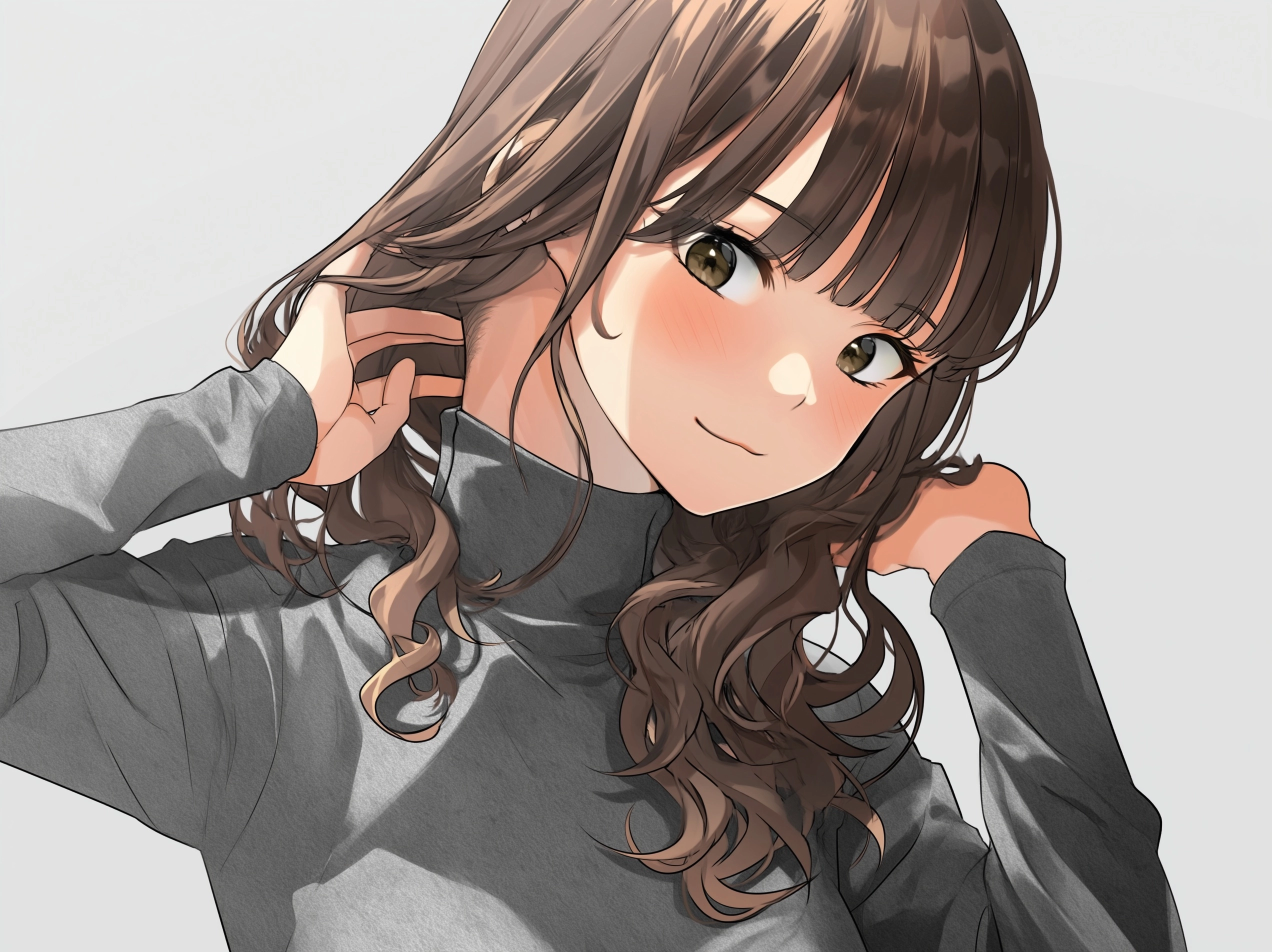 A woman wearing gray skinny body dress with turtle neck with brown wavy hair