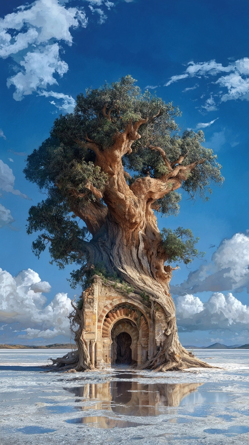A massive, impossibly ancient tree, reminiscent of Maxfield Parrish’s style