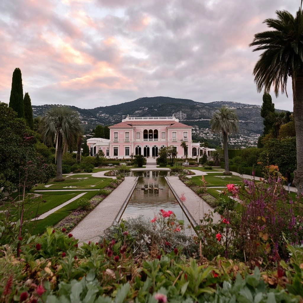 A spanish palace where royalty lives, manicured gardens. no people