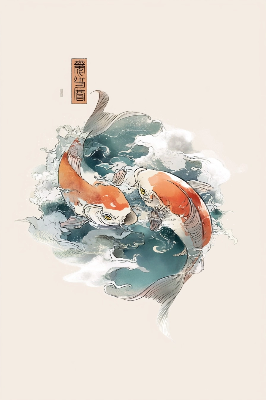 Traditional Japanese picture of two Carps swimming towards each other in blue water white white spla