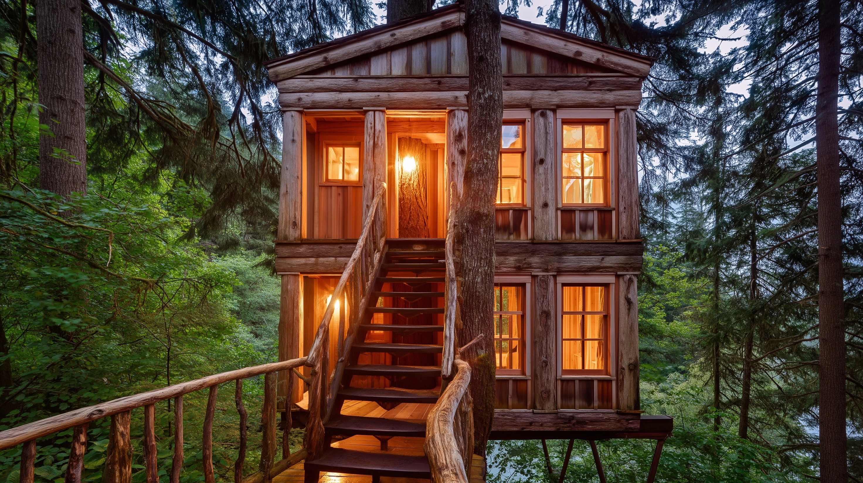 A treehouse in the forest, made of wood, with a staircase leading to the second floor. the house has