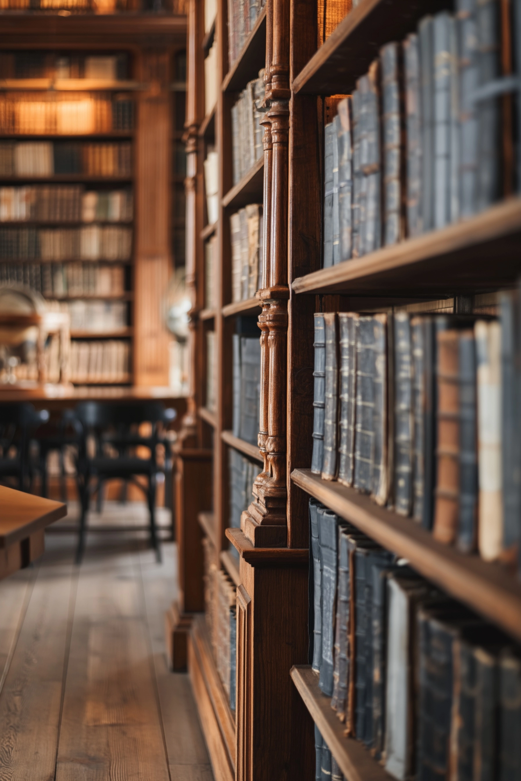 Vintage academic library interior, classic wooden bookshelves with realistic books