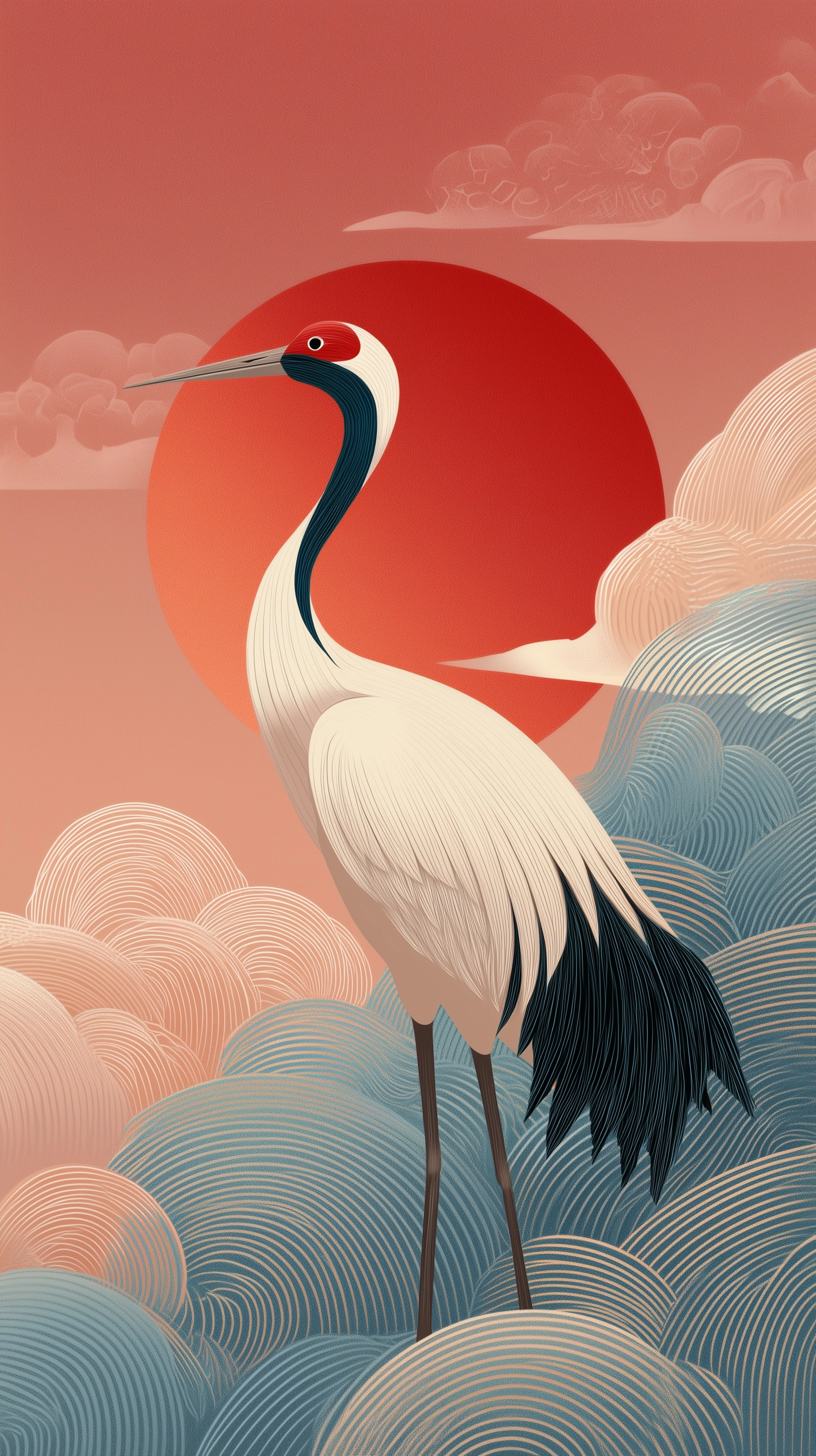 New Chinese Style Crane Before a Red Sun