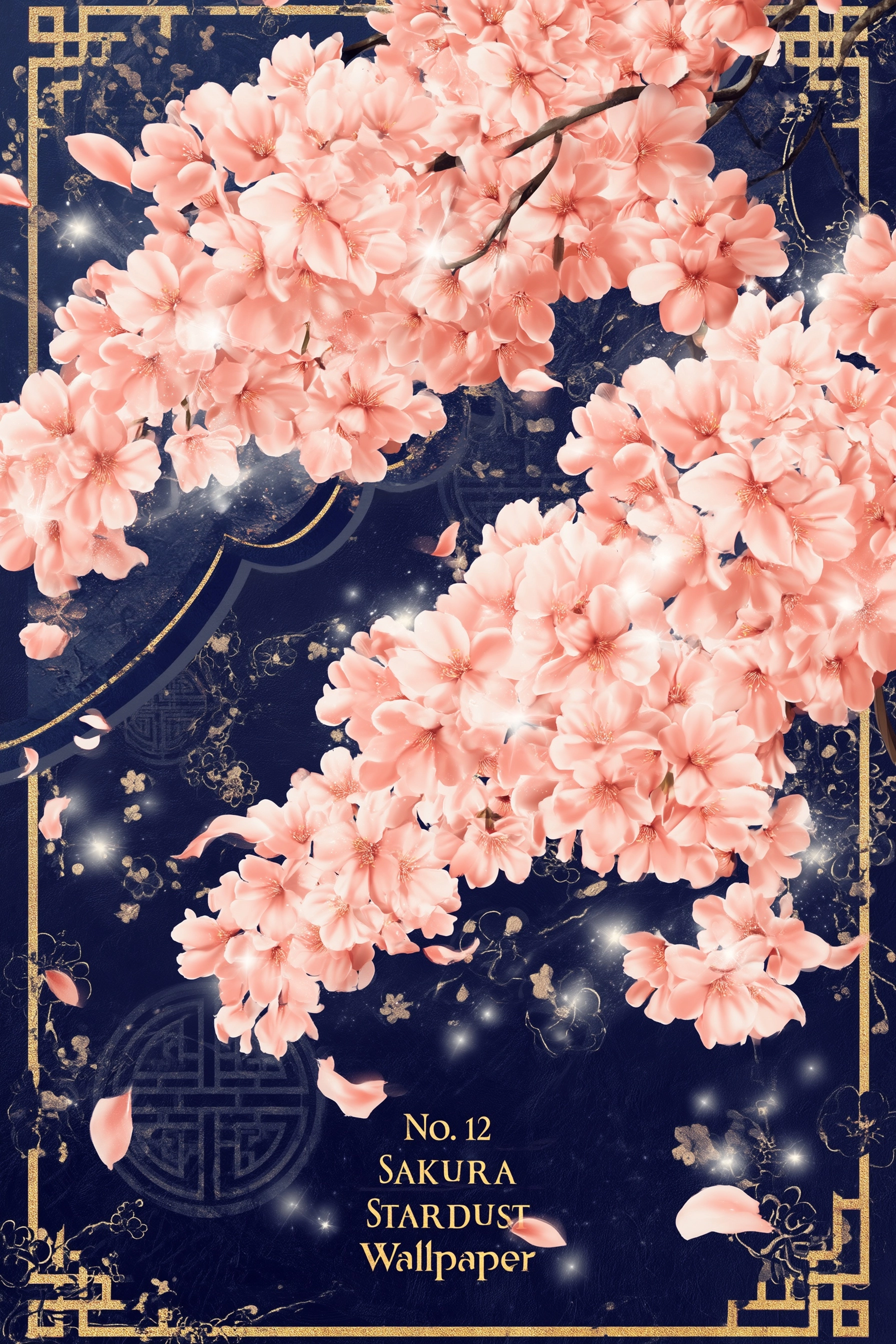 Colorful illustration, clusters of soft pink cherry blossoms with sparkling highlights
