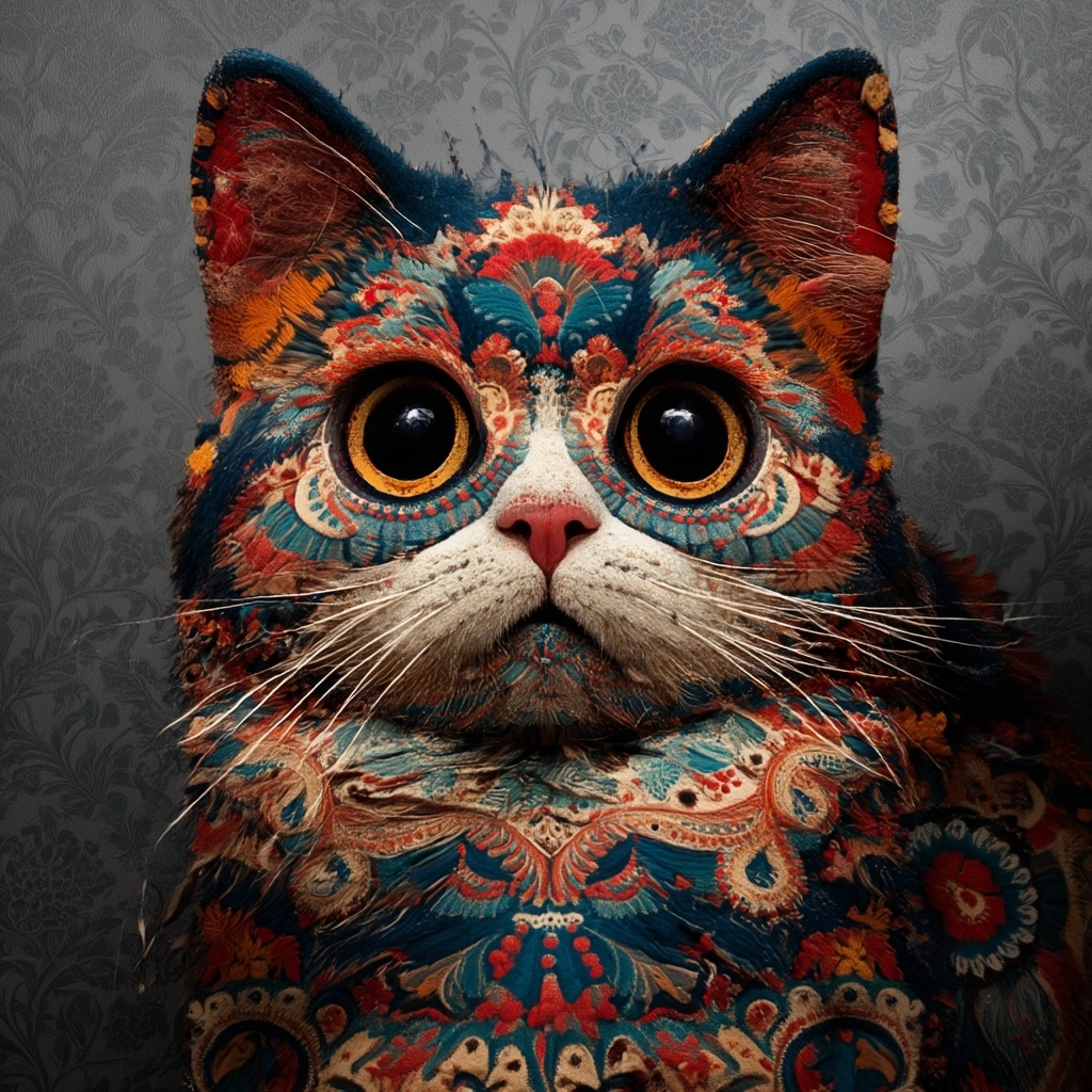 Scandinavian folk lore cat, colorful, whimsical, large eyes