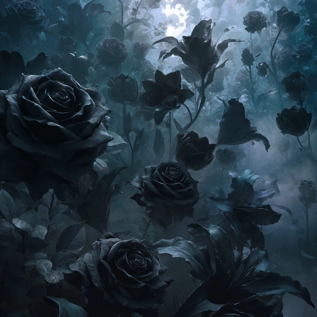 A surreal garden filled with black roses, black lilies, and dark tulips