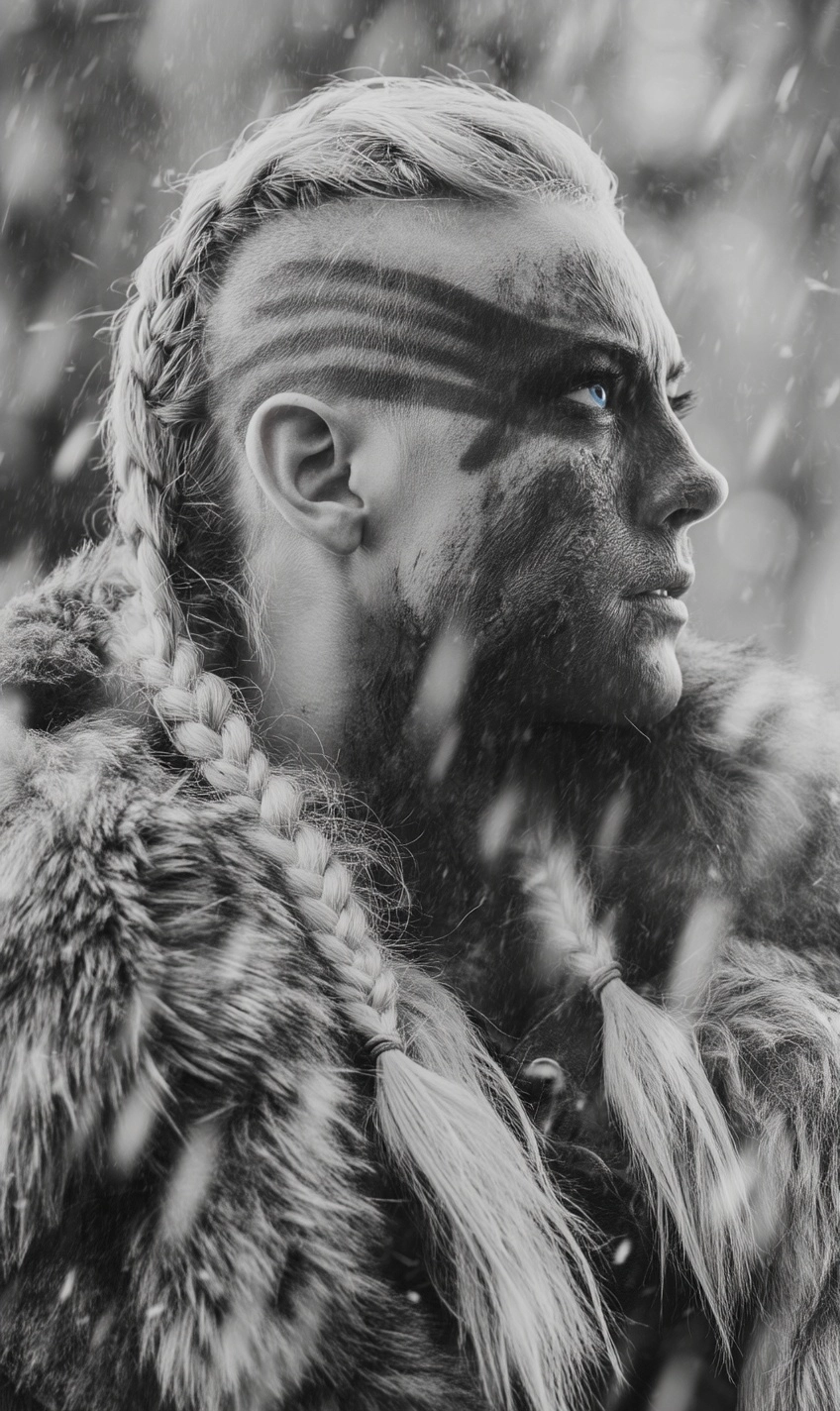 Close-up side portrait of a disfigured nordic adult woman warrior surrounded by a snow storm