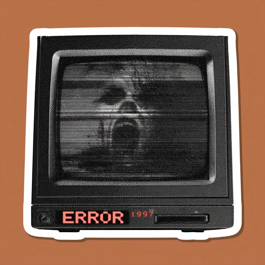 Retro computer error screen, corrupted interface, analog horror, hidden distorted face in static