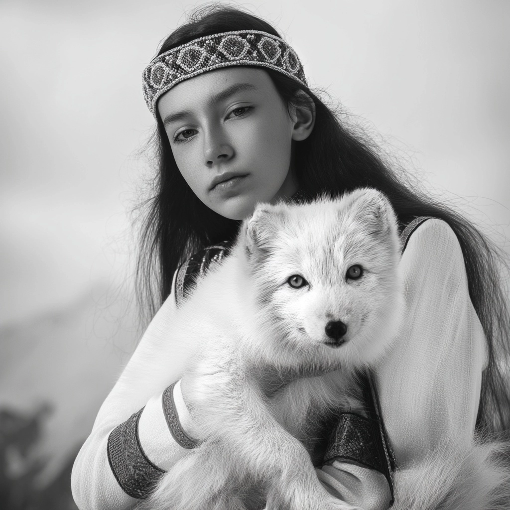 Foto close up portrait Monochromatic white of a young woman 10-15 years old in ethnic costume with h