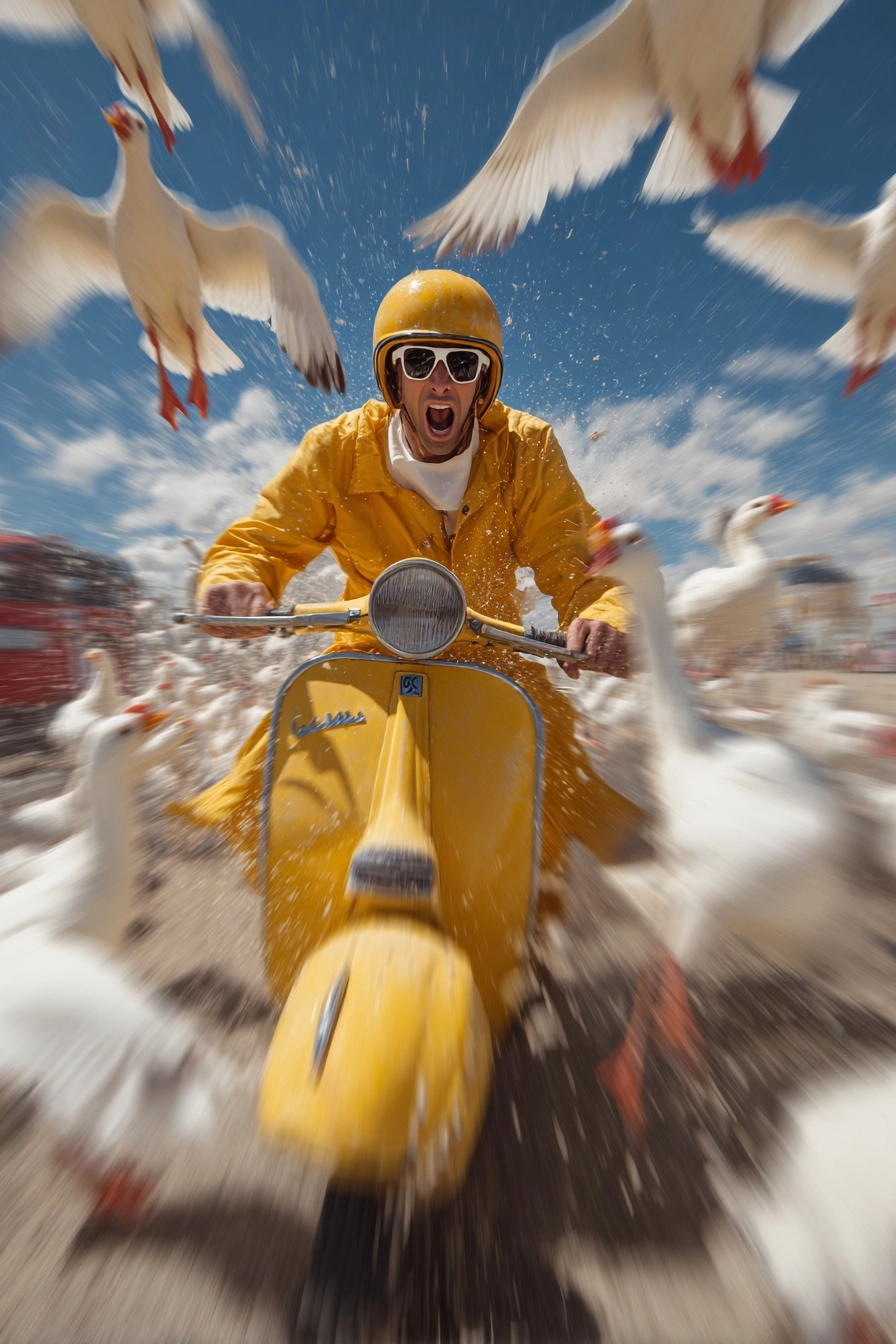 The yellow Vespa speeds forward as a flock of white geese chase him