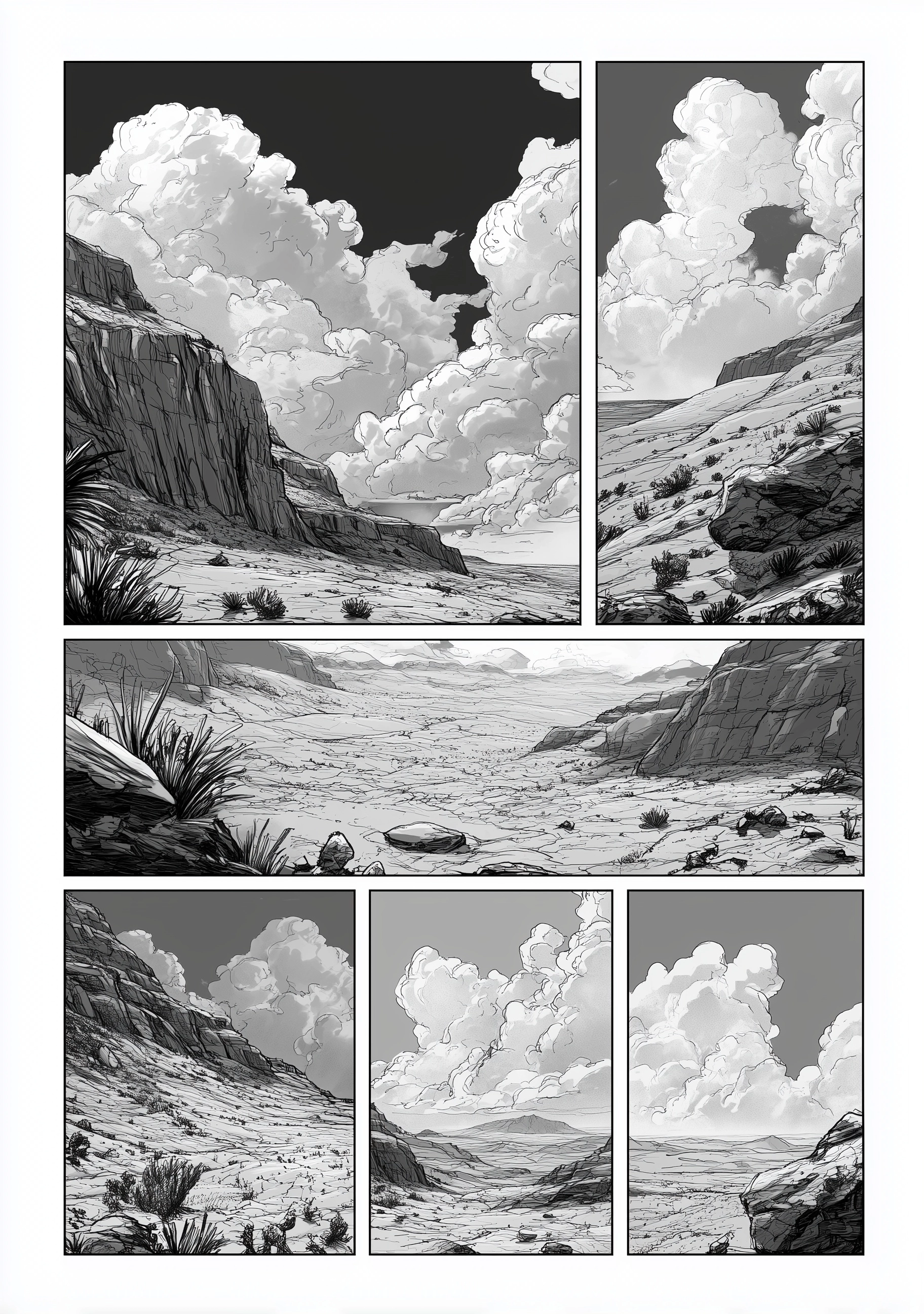 Create a 5 panel black and white comic book page that depicts different views of a desert on mars