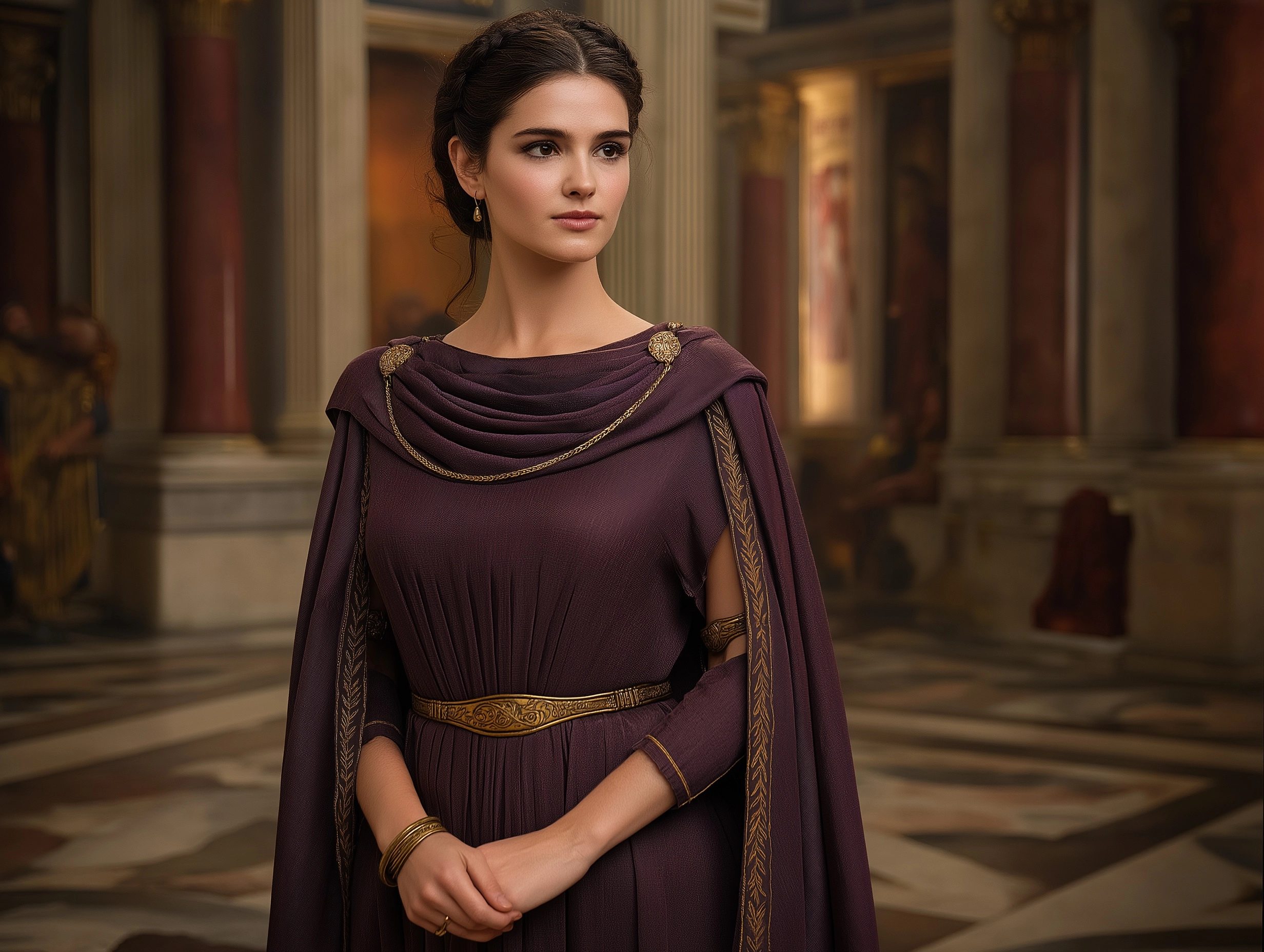 Full-length portrait of a greek noblewoman in her early twenties standing in a grand marble palace h