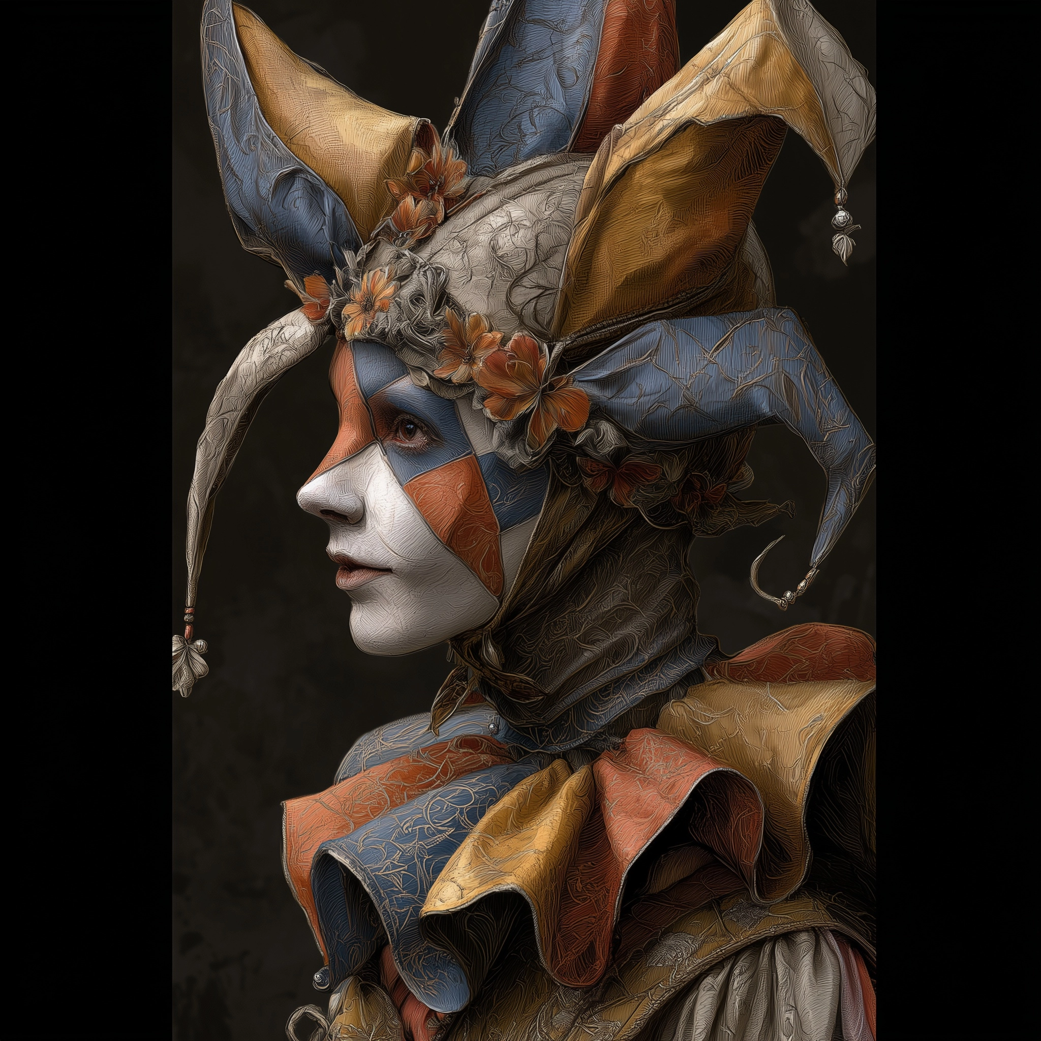 An easter harlequin in the style of brian froud