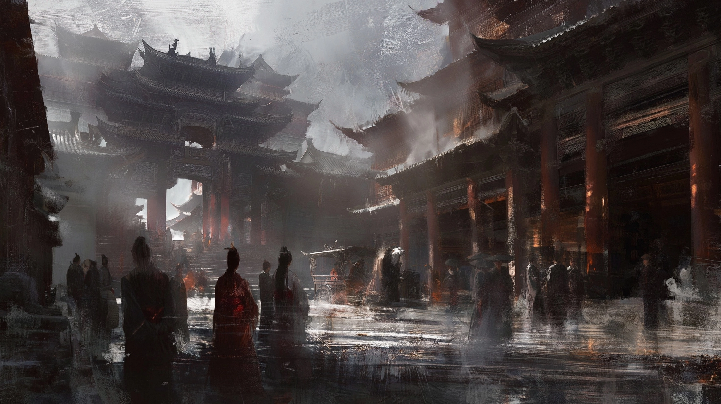Ancient Chinese Street with Spirits Among the Crowd