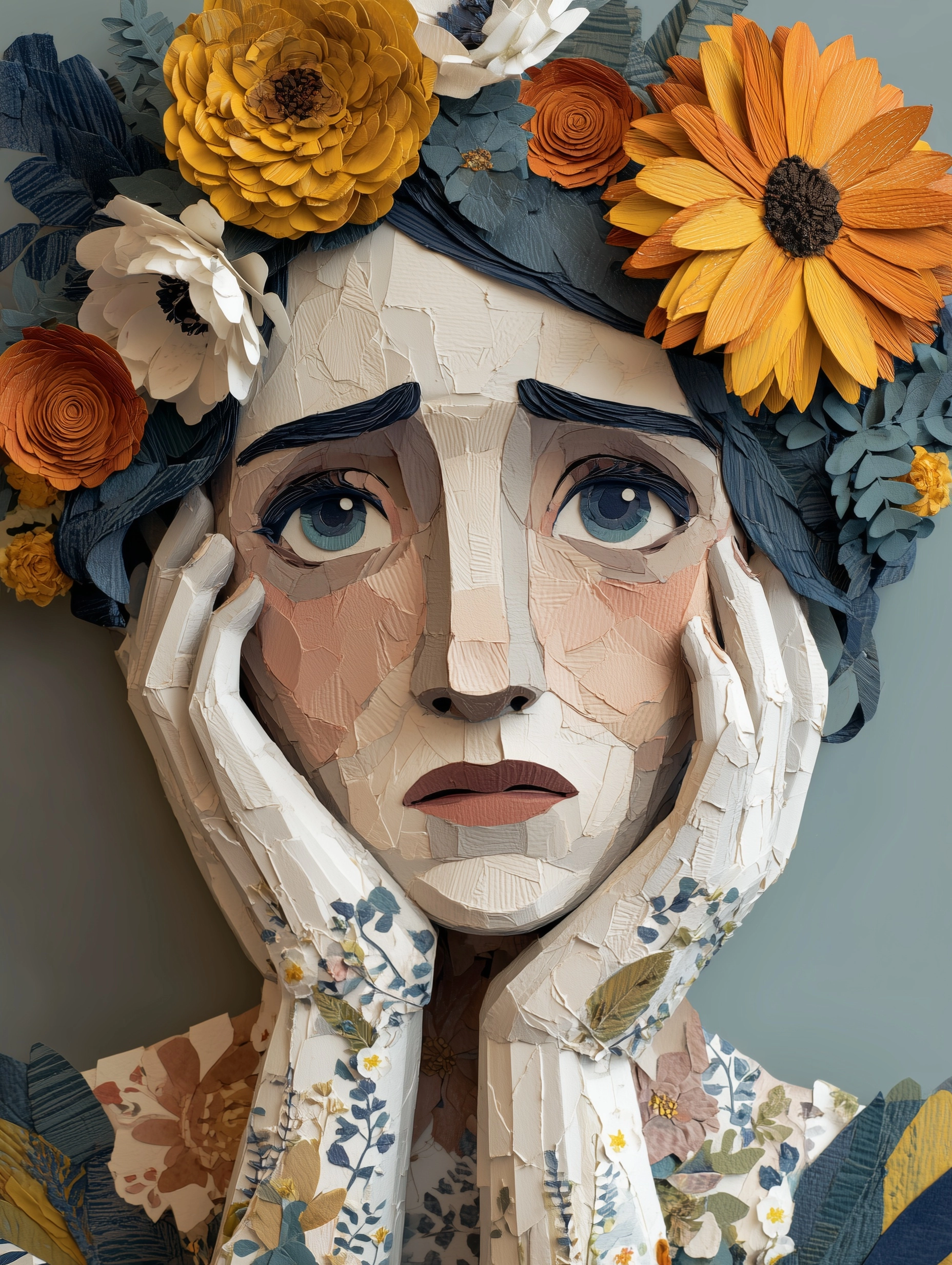 A worried woman made of paper cutouts and printed flowers.