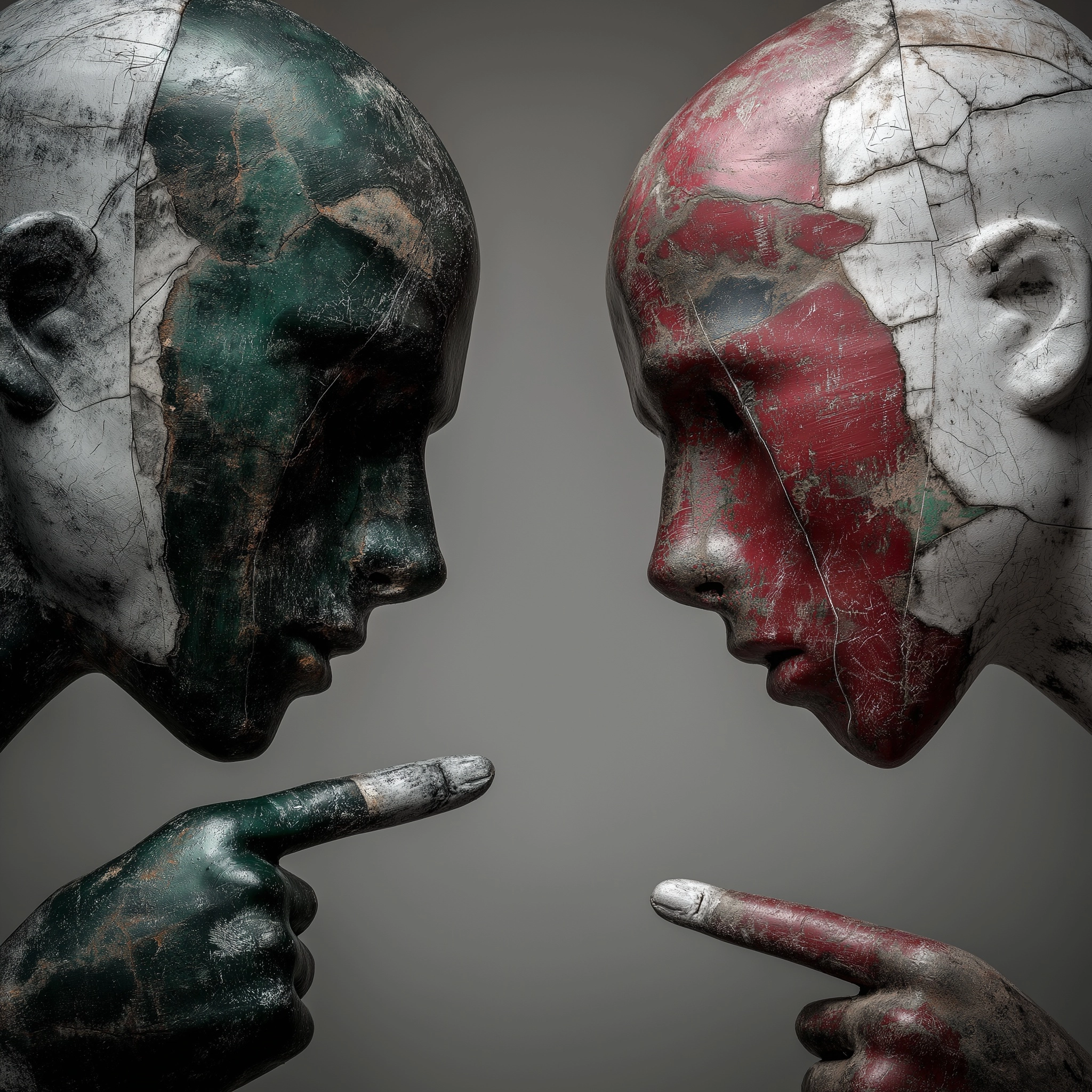 Two scary faceless mannequins pointing at each other, dark, black and white, realistic, detailed