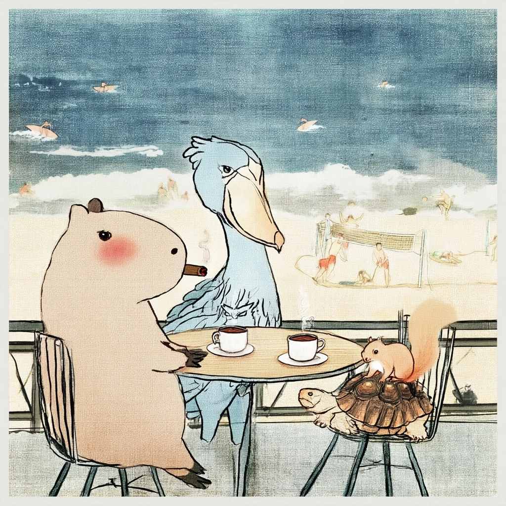 A capybara, a shoebill, a squirrel, and a turtle are sitting together at an outdoor cafe table by th