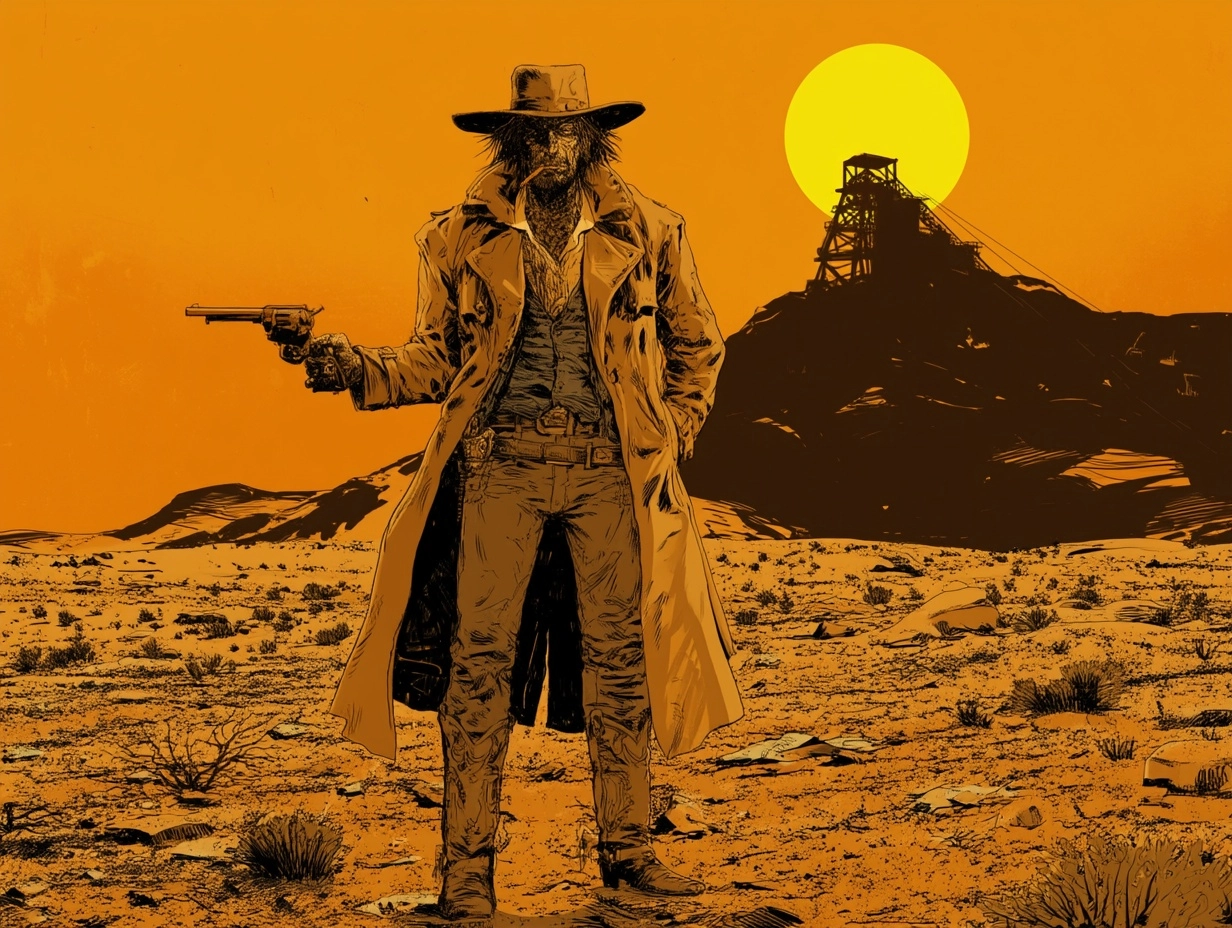 Comic book style. a grizzled man in his 60s. Cursed Bounter Hunter. his face is riddled by scars