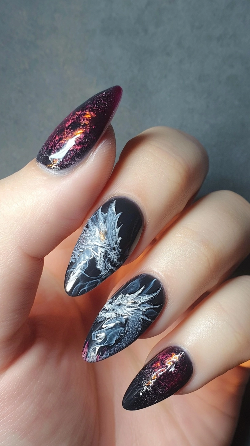 Manicure design, smoke dragon