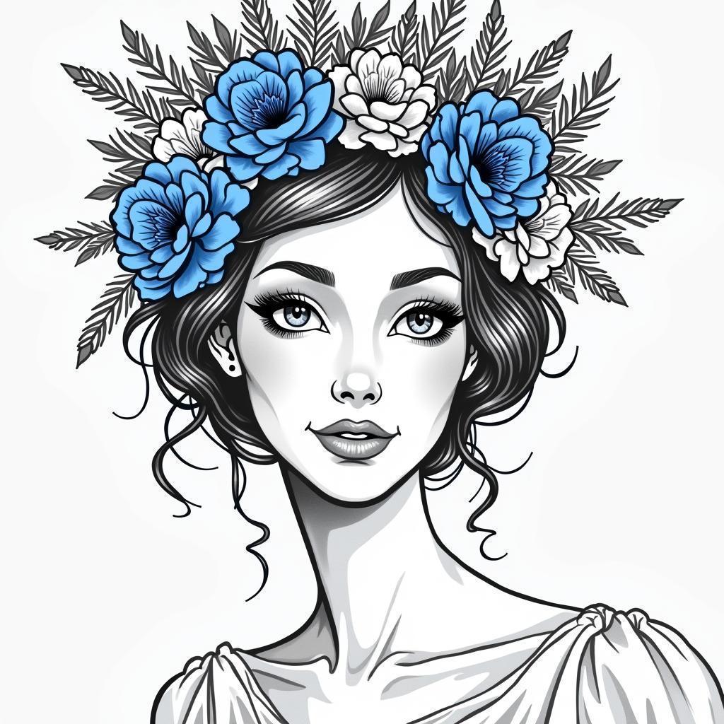 Elegant Figure Crowned With Blue White Blossoms