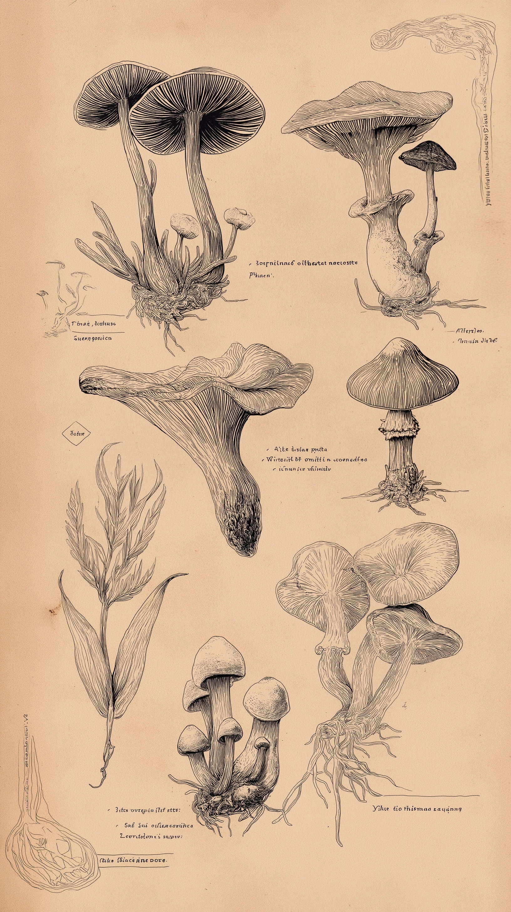 Alchemist botanical mushroom line drawings on old paper