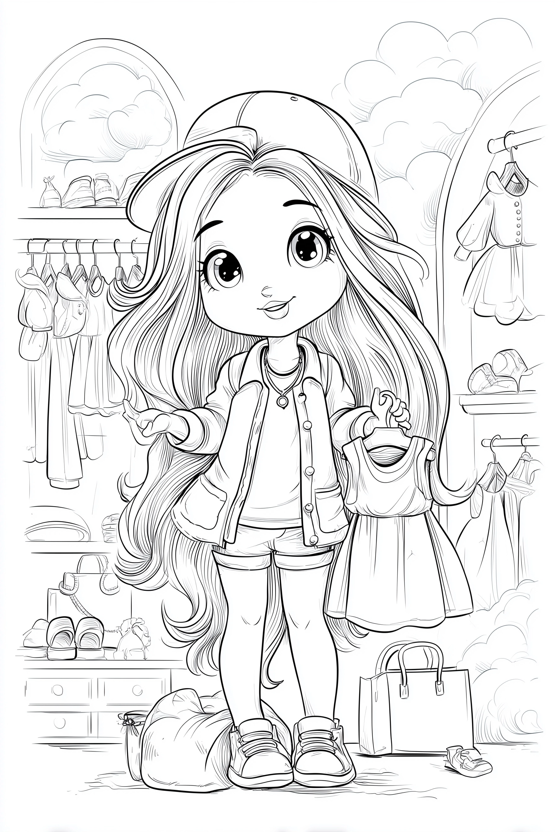 Black and white coloring page for kids, vertical A4 format, clean vector line art, no shading