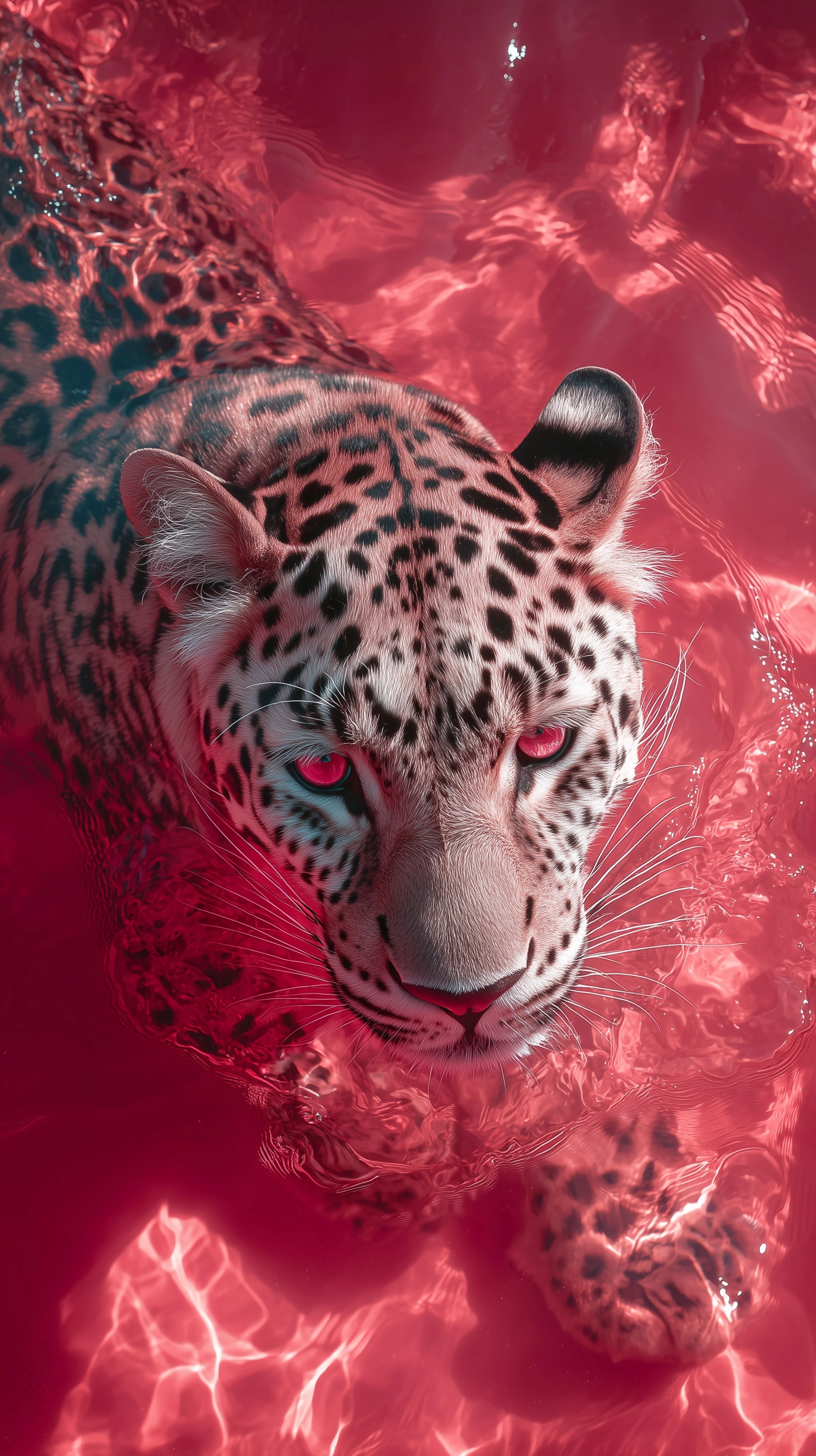 Aerial overhead angle of aggressive majestic [Amur leopard] partially submerged in crystal red swimm
