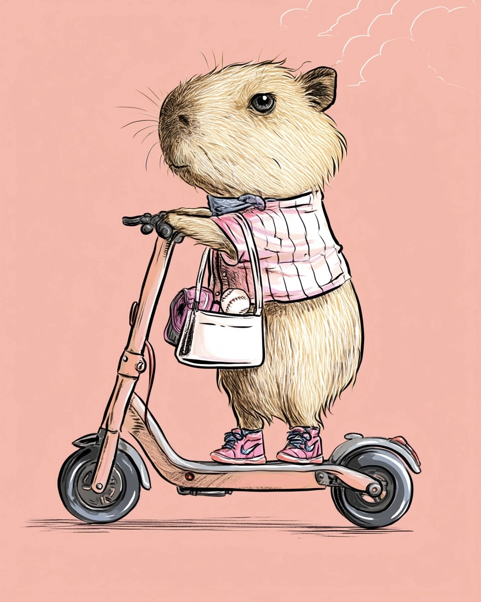 A cute coquette baby capibara wearing a softball shirt , is riding an electric scooter