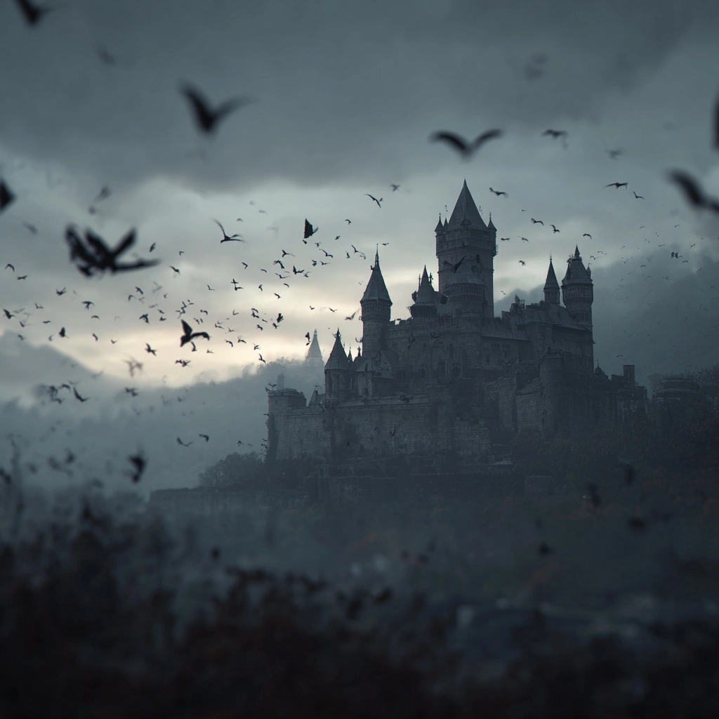 Wide shot, castle slightly off-center, bats in foreground, depth of field, mist layers, moody sky