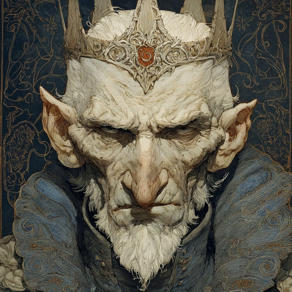 Dark and old face, thin and long, with a long node