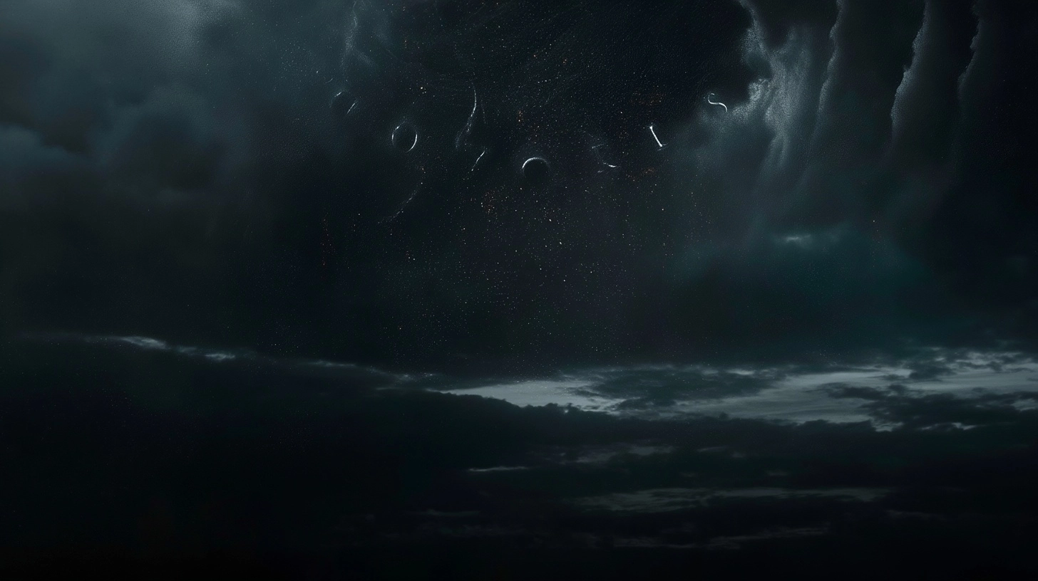 Dark night sky, stars, subtle clouds, cinematic typography, epic fantasy mood