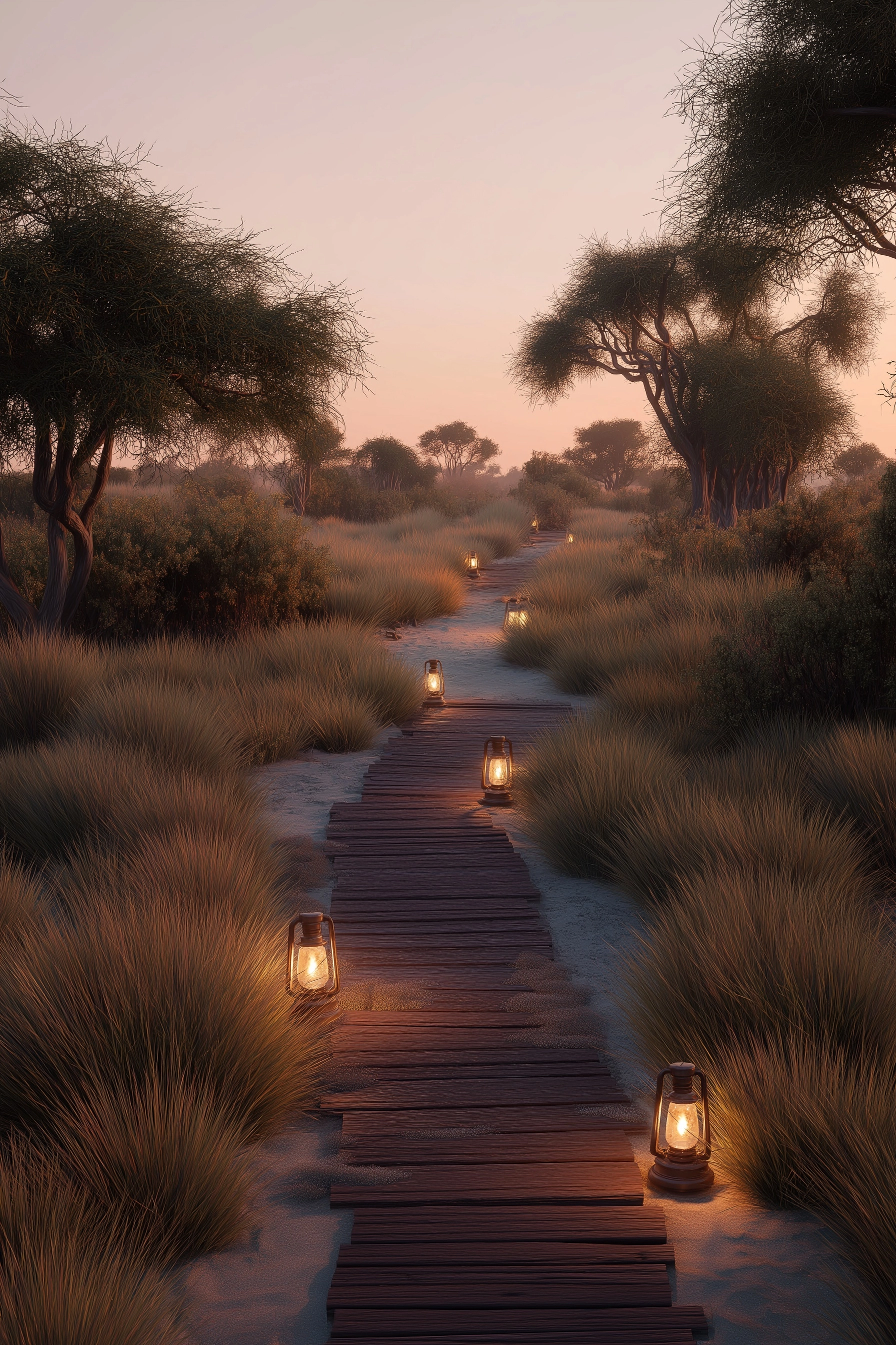 Lantern-lit safari pathway at dusk, warm glow, soft tones, minimal composition