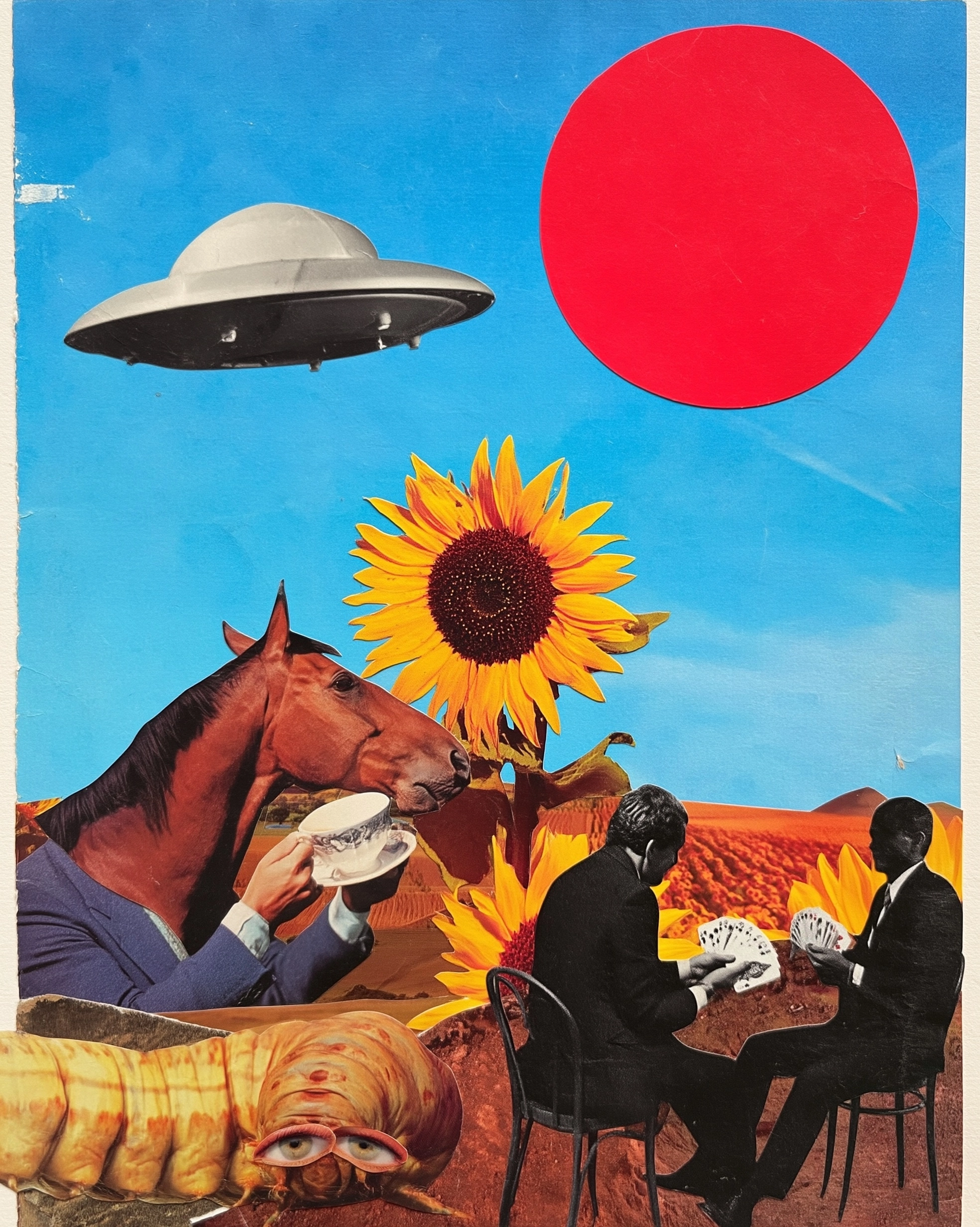Insane 1980s surreal collage, bright blue sky, red sun, a horse drinking tea
