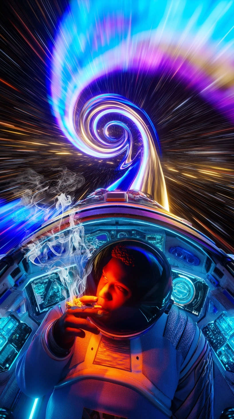 Drone view. Birdeye view. A highly detailed cinematic scene of a Black male astronaut inside a futur
