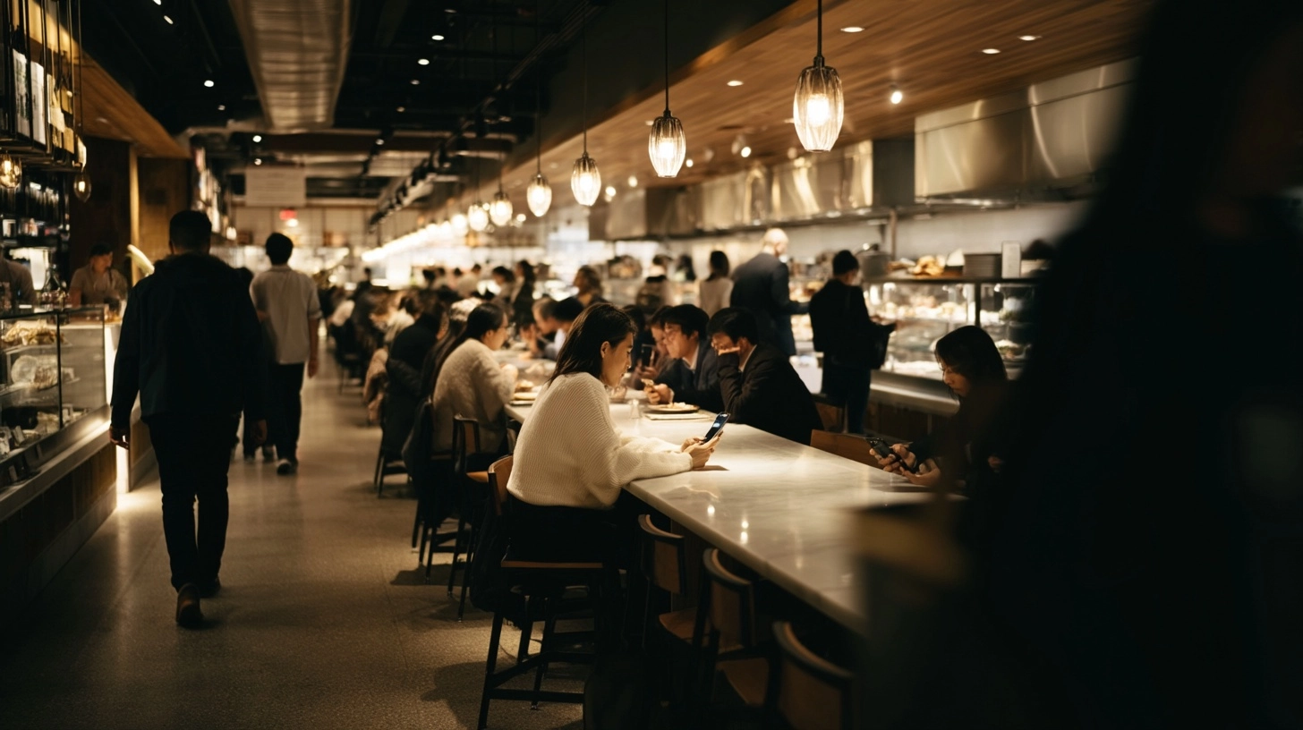 Eataly marketing image. One female supermodel using her cell phone in an ultra-realistic cinematic s