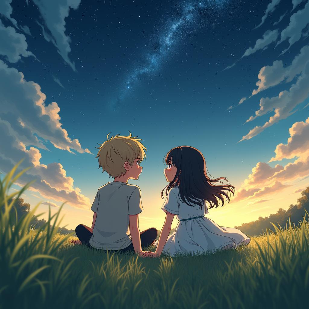 Anime Couple Stargazing in a Golden Field